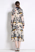 Vintage French Style Collared Beige & Navy Tropical Print Dress